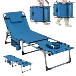 Fällbar solstol med ansiktshål och justerbar rygg- och fotstöd i blå färg
