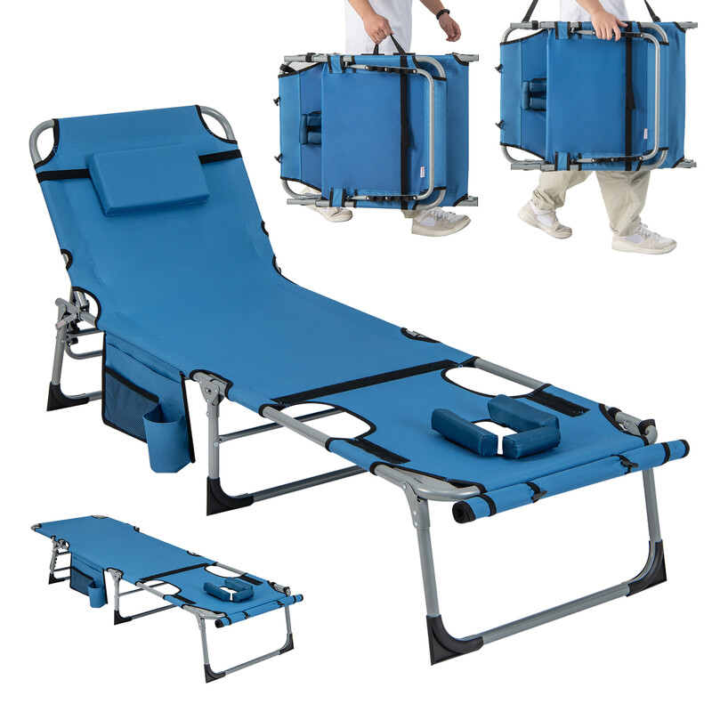 Fällbar solstol med ansiktshål och justerbar rygg- och fotstöd i blå färg
