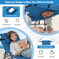 Fällbar solstol med ansiktshål och justerbar rygg- och fotstöd i blå färg