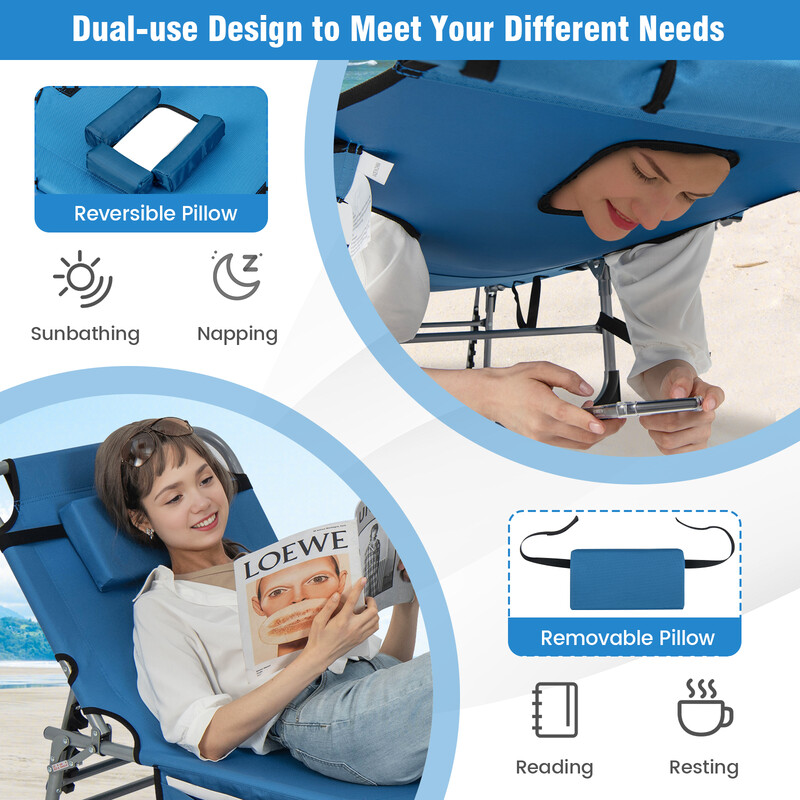 Fällbar solstol med ansiktshål och justerbar rygg- och fotstöd i blå färg