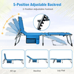 Fällbar solstol med ansiktshål och justerbar rygg- och fotstöd i blå färg