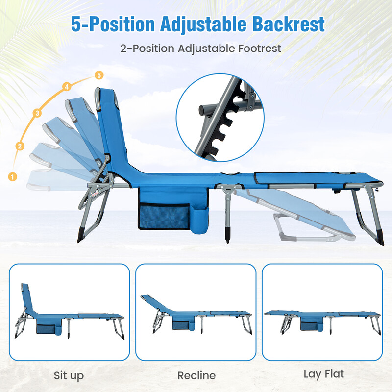 Fällbar solstol med ansiktshål och justerbar rygg- och fotstöd i blå färg