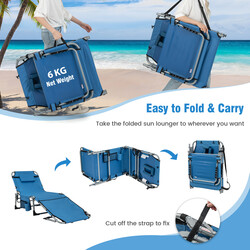 Fällbar solstol med ansiktshål och justerbar rygg- och fotstöd i blå färg