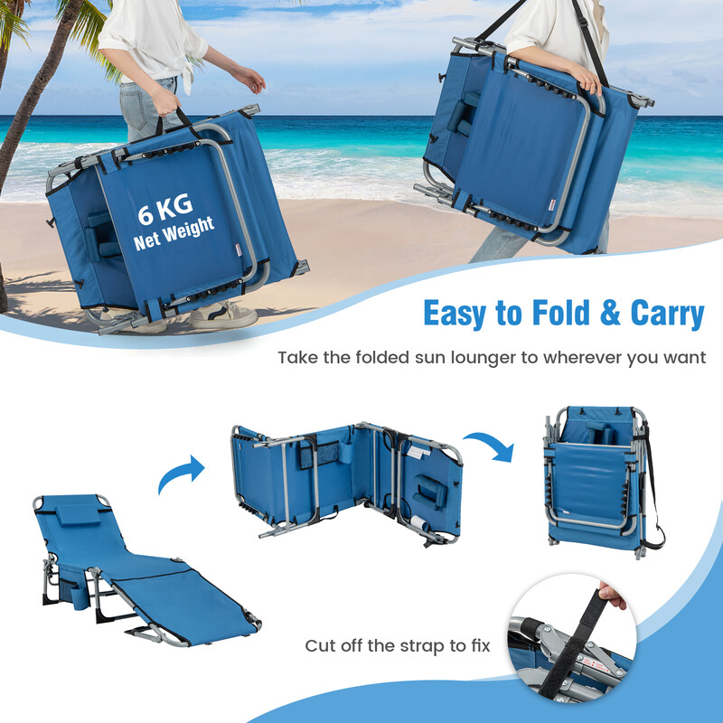 Fällbar solstol med ansiktshål och justerbar rygg- och fotstöd i blå färg