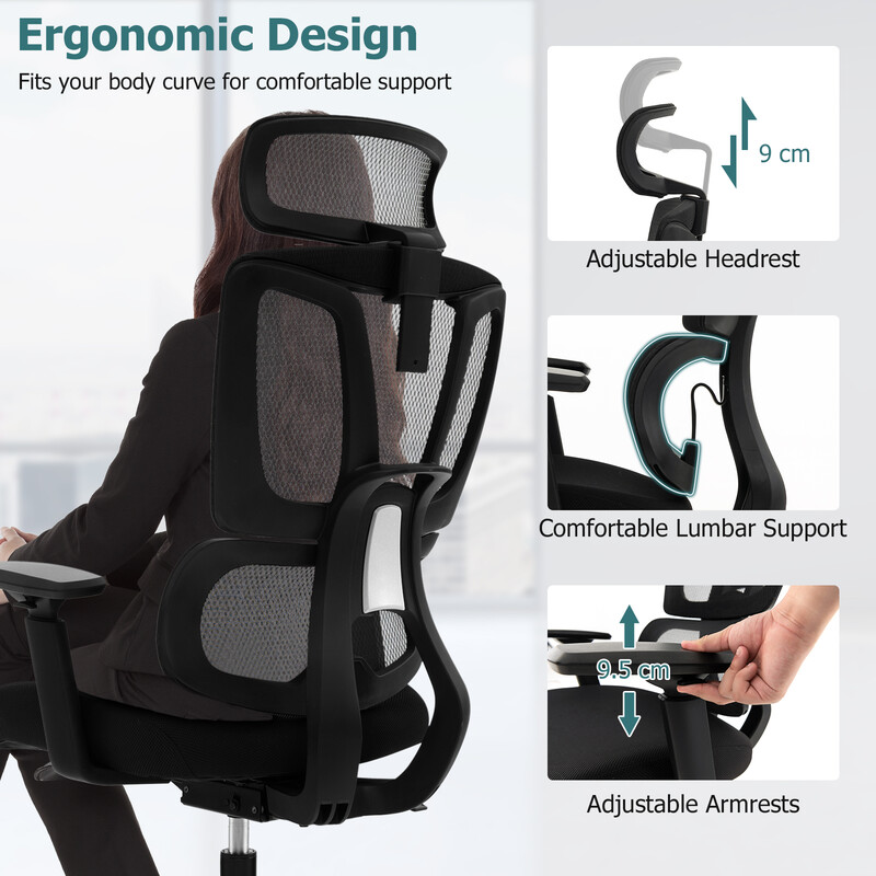 Ergonomisk kontorsstol med N-formad ländryggsstöd och justerbart nackstöd svart