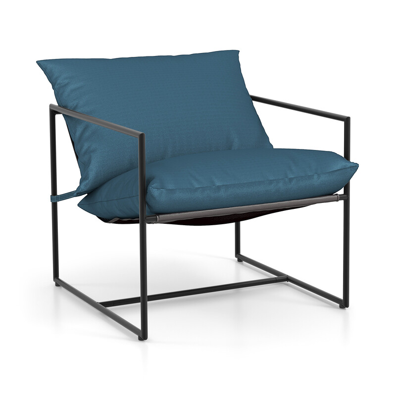 2-pack ergonomiska sling-fåtöljer med kuddar och metallram i mörkblå design