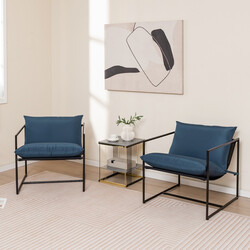 2-pack ergonomiska sling-fåtöljer med kuddar och metallram i mörkblå design