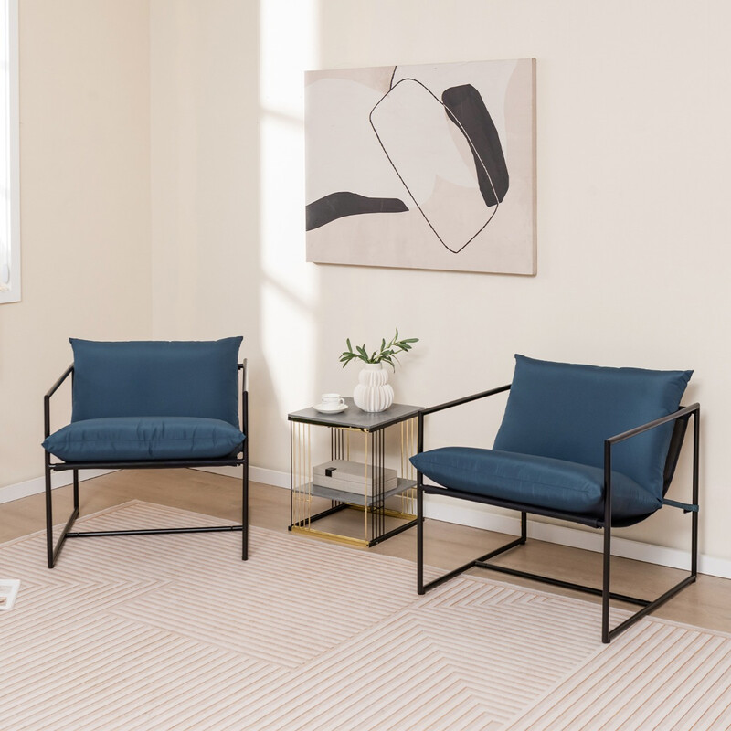 2-pack ergonomiska sling-fåtöljer med kuddar och metallram i mörkblå design