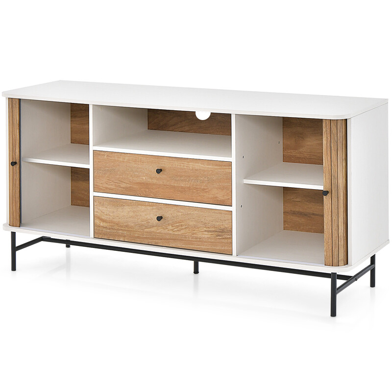 Modernt buffé-sideboard i mid-century-stil med skjutdörrar, vit och ek, 150 x 45 x 74 cm