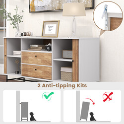 Modernt buffé-sideboard i mid-century-stil med skjutdörrar, vit och ek, 150 x 45 x 74 cm