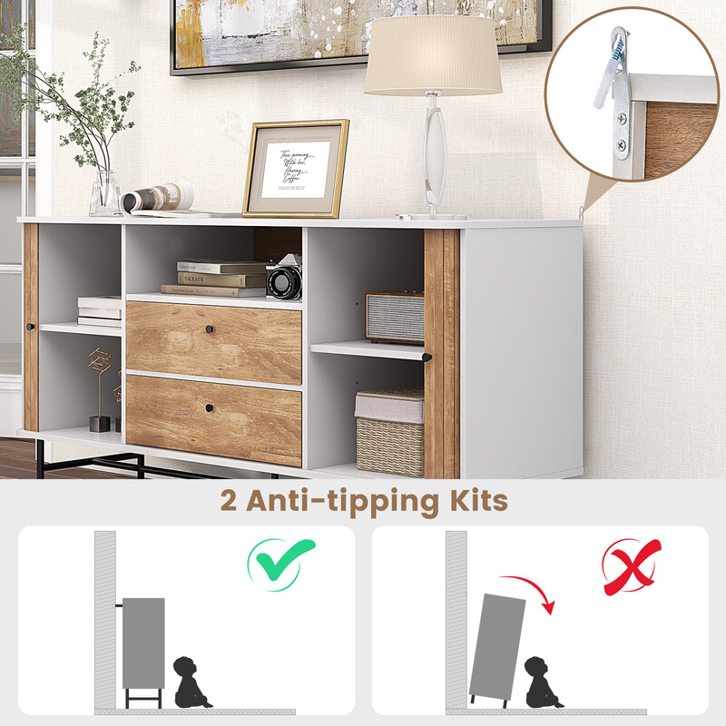 Modernt buffé-sideboard i mid-century-stil med skjutdörrar, vit och ek, 150 x 45 x 74 cm