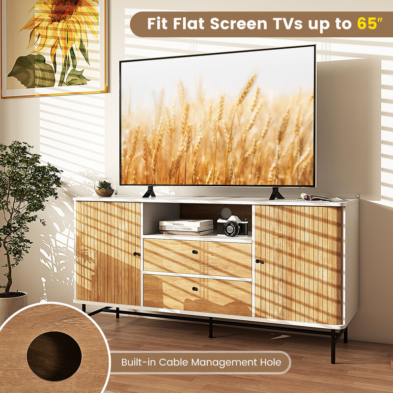 Modernt buffé-sideboard i mid-century-stil med skjutdörrar, vit och ek, 150 x 45 x 74 cm