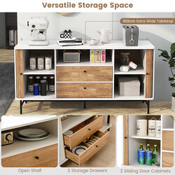 Modernt buffé-sideboard i mid-century-stil med skjutdörrar, vit och ek, 150 x 45 x 74 cm