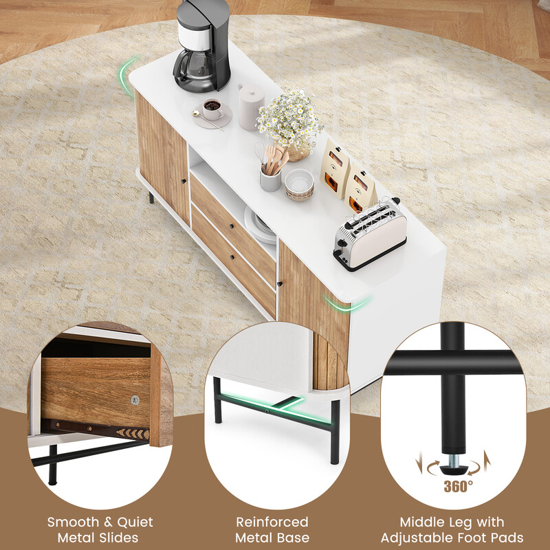 Modernt buffé-sideboard i mid-century-stil med skjutdörrar, vit och ek, 150 x 45 x 74 cm