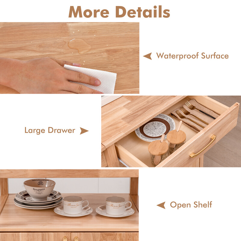 Köksvagn med nedfällbar arbetsyta, låda och skåp i naturlig färg