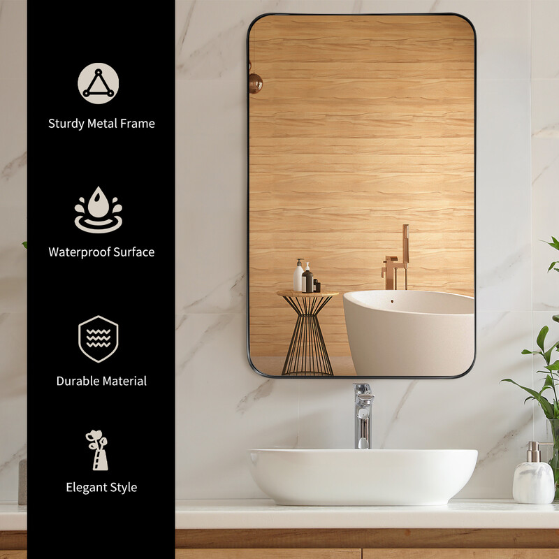 Väggspegel med metallram och rundade hörn för modern inredning svart