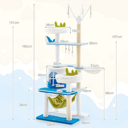 Klösträd med marint tema och sisalstolpar, kattkoja, sittplatser och hängmatta i blått