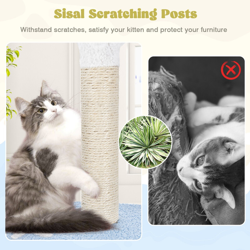 Klösträd med marint tema och sisalstolpar, kattkoja, sittplatser och hängmatta i blått