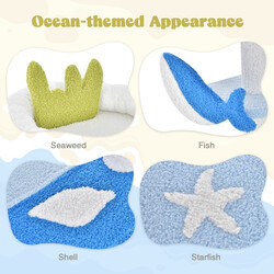 Klösträd med marint tema och sisalstolpar, kattkoja, sittplatser och hängmatta i blått