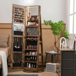 Roterande smyckesskåp med LED-belysning och spegel i lantlig brun färg