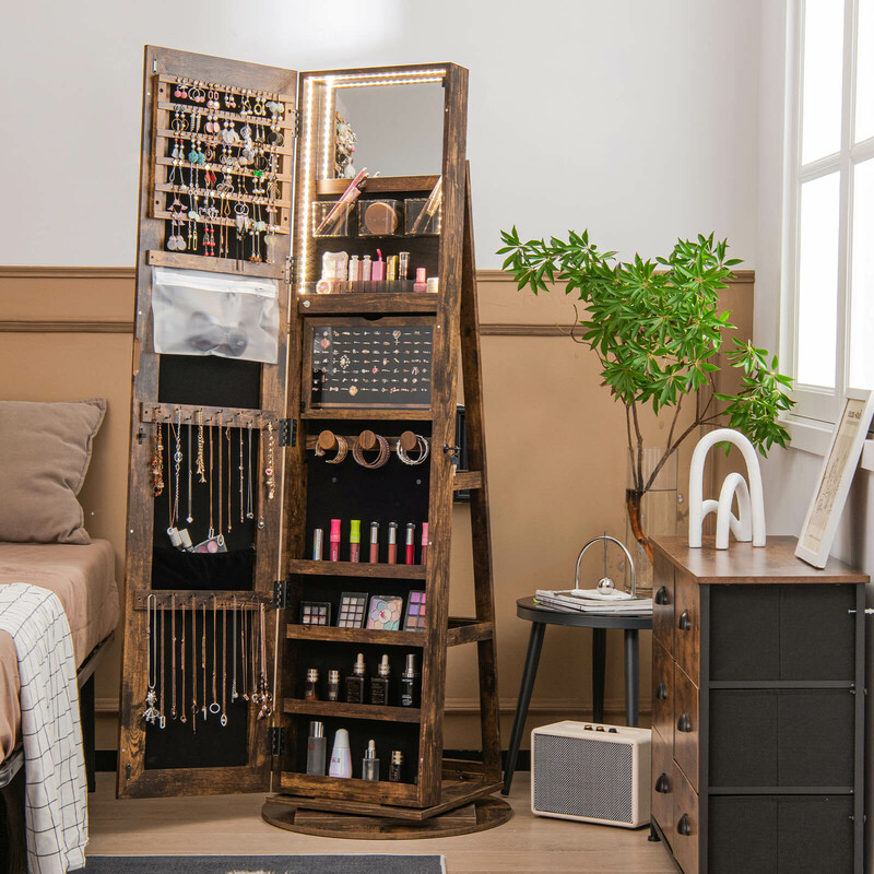 Roterande smyckesskåp med LED-belysning och spegel i lantlig brun färg