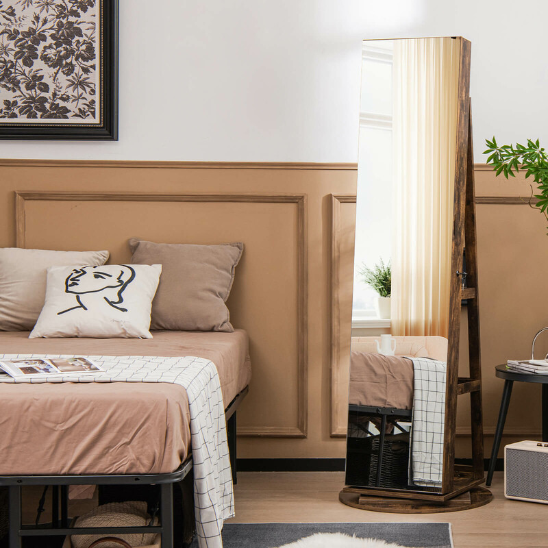 Roterande smyckesskåp med LED-belysning och spegel i lantlig brun färg