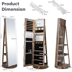 Roterande smyckesskåp med LED-belysning och spegel i lantlig brun färg