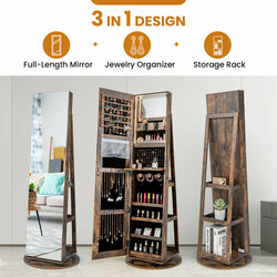 Roterande smyckesskåp med LED-belysning och spegel i lantlig brun färg