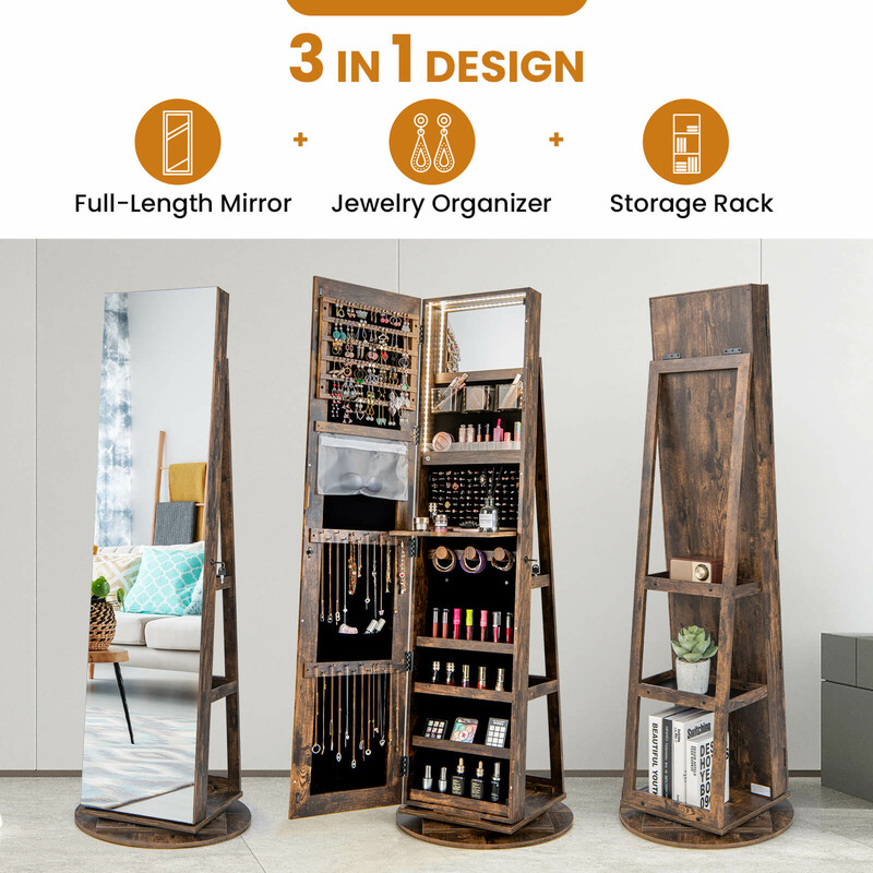 Roterande smyckesskåp med LED-belysning och spegel i lantlig brun färg