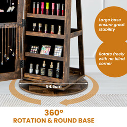 Roterande smyckesskåp med LED-belysning och spegel i lantlig brun färg