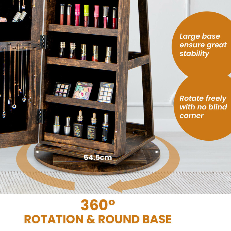 Roterande smyckesskåp med LED-belysning och spegel i lantlig brun färg