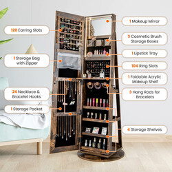 Roterande smyckesskåp med LED-belysning och spegel i lantlig brun färg