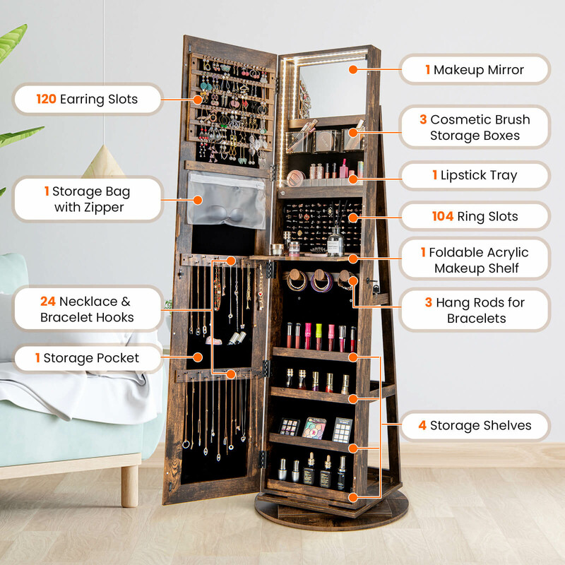 Roterande smyckesskåp med LED-belysning och spegel i lantlig brun färg