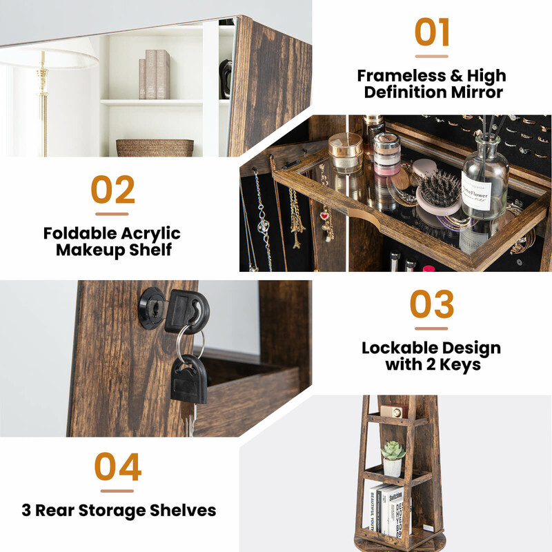 Roterande smyckesskåp med LED-belysning och spegel i lantlig brun färg