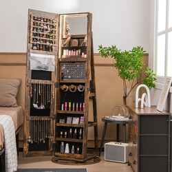 Roterande smyckesskåp med LED-belysning och spegel i lantlig brun färg