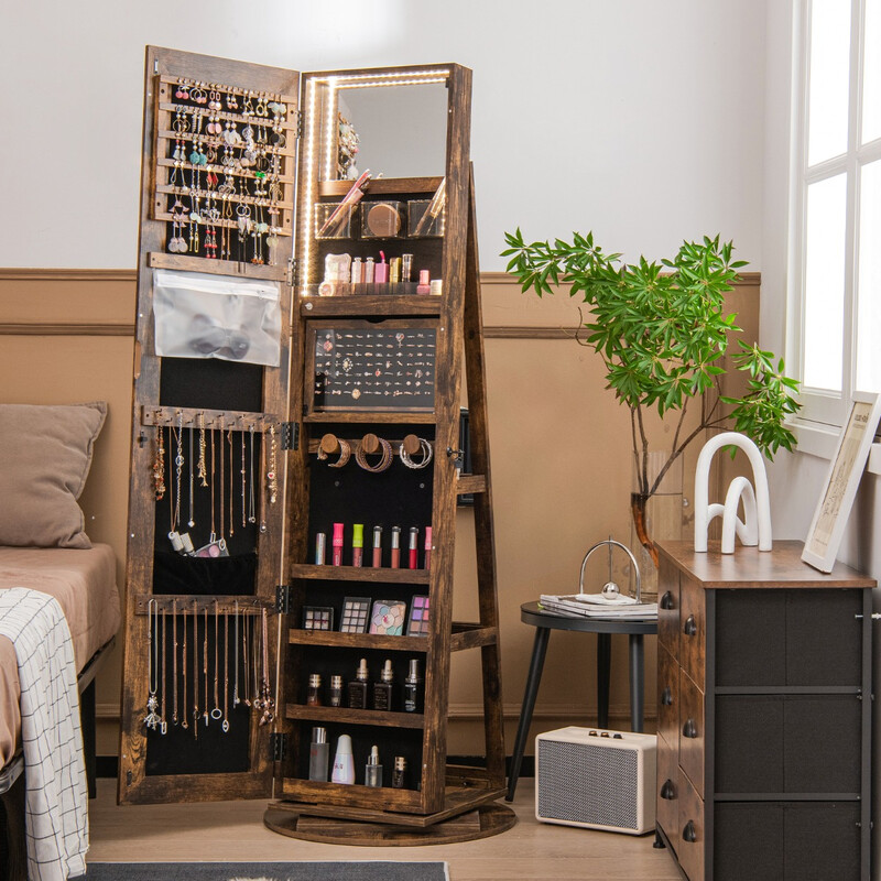 Roterande smyckesskåp med LED-belysning och spegel i lantlig brun färg