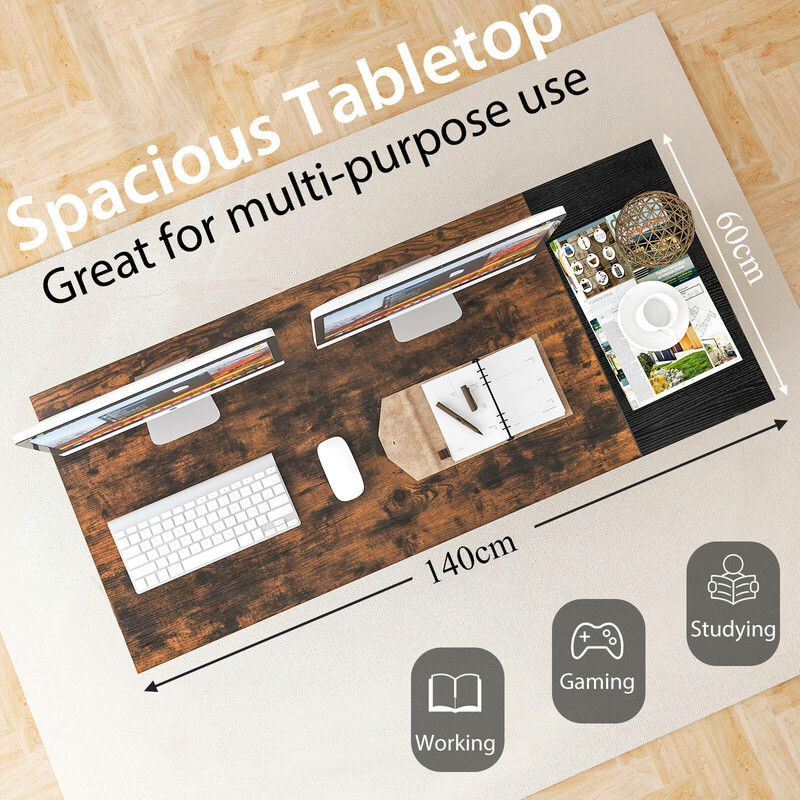 Skrivbord 140 cm med 2 lådor, hörlurskrok och hylla i rustik stil