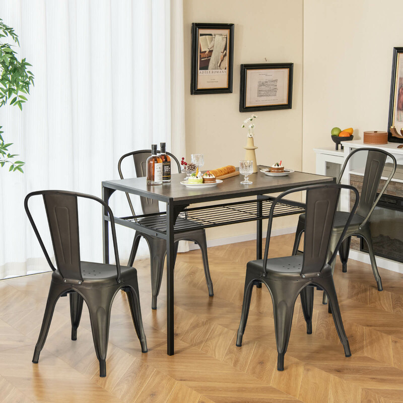 4-pack stapelbara vintage matstolar i metall med ryggstöd grå-svart