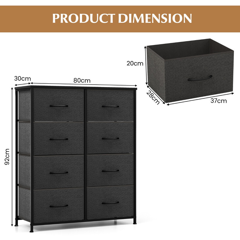 Byrå med 8 lådor och metallram i grått för stilren och praktisk förvaring