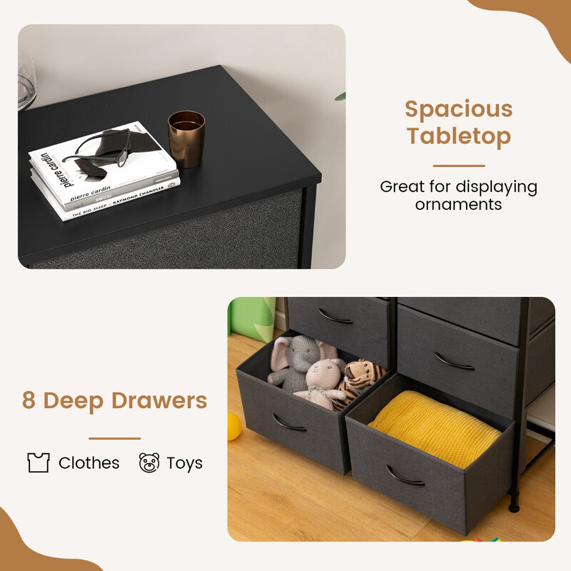 Byrå med 8 lådor och metallram i grått för stilren och praktisk förvaring