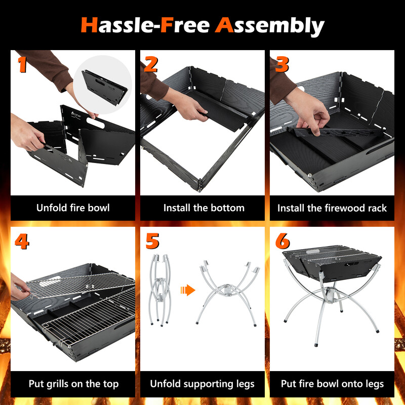 3-i-1 eldstad med grillgaller i rostfritt stål, bärväska och handskar för camping