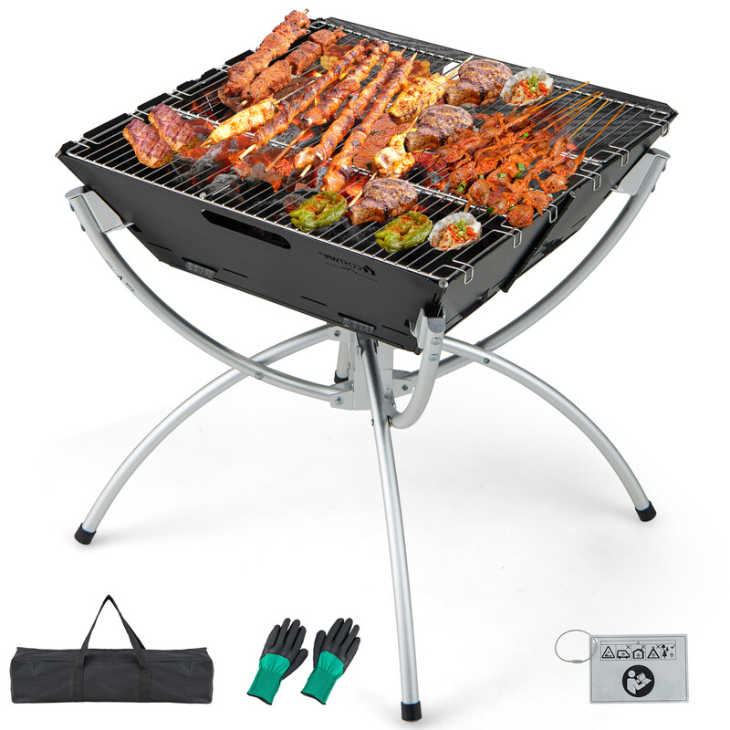 3-i-1 eldstad med grillgaller i rostfritt stål, bärväska och handskar för camping