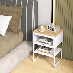 Sängbord i trä med metallram och genomskinlig dörr, vit, 40 x 32 x 56 cm