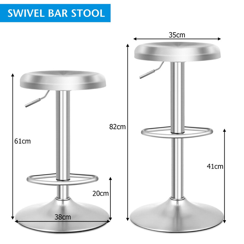 Höj- och sänkbar barstol i rostfritt stål med fotstöd och 360° vridbar sits silver