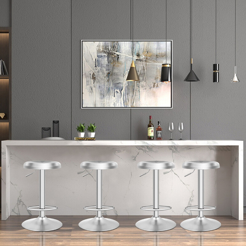 Höj- och sänkbar barstol i rostfritt stål med fotstöd och 360° vridbar sits silver