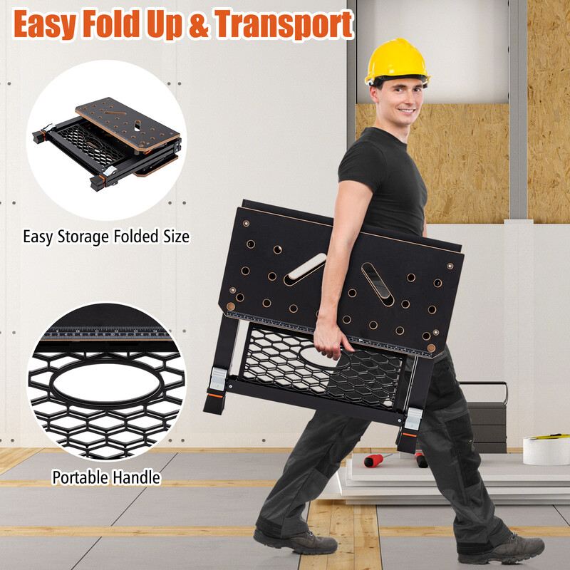 Hopfällbart arbetsbord med 8 höjdlägen och metallram för proffs och hemmasnickare