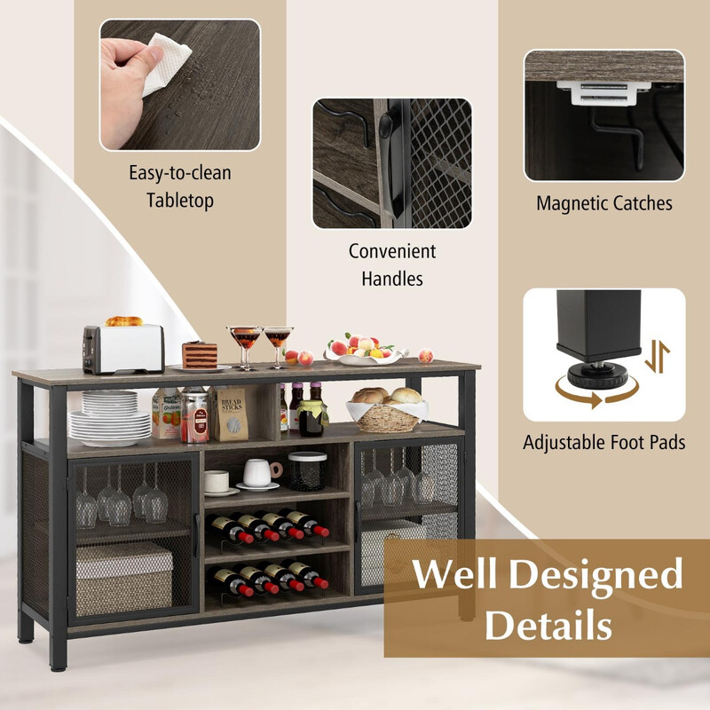 Sideboard med metallgaller, vinförvaring och öppna hyllor för kök och vardagsrum