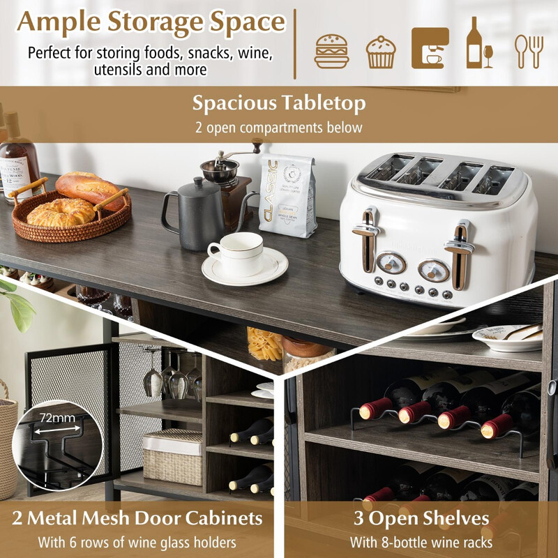 Sideboard med metallgaller, vinförvaring och öppna hyllor för kök och vardagsrum