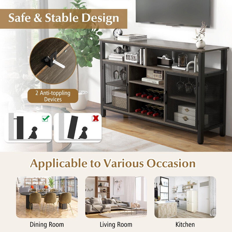 Sideboard med metallgaller, vinförvaring och öppna hyllor för kök och vardagsrum