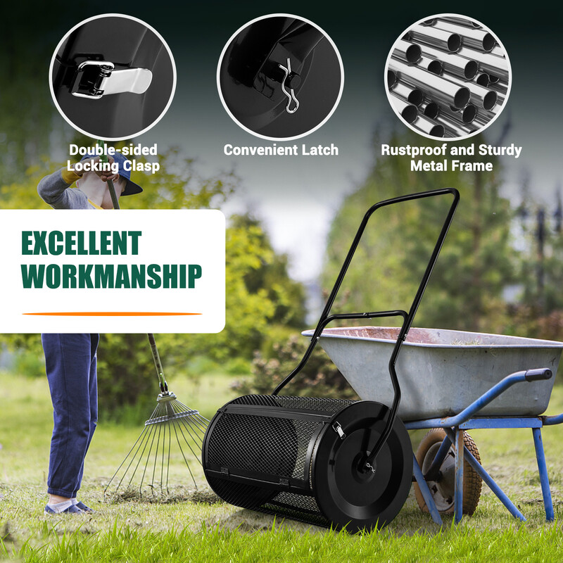 Kompostspridare 80L med u-handtag och metallnät för gödsel och torv, svart